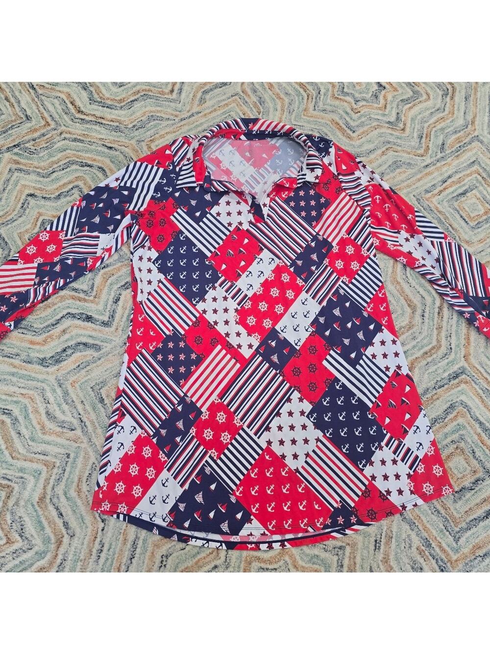 Denim Co Beach Long Sleeve Swim Dress Cover Up 1X Americana Printed Top